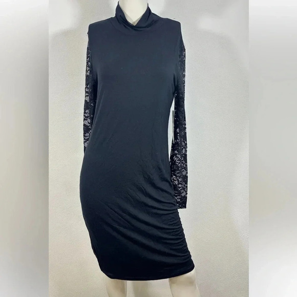 NWT Daisy Fuentes Black Turtle Neck Lace Long Sleeve Bodycon Dress Size L - Picture 1 of 8